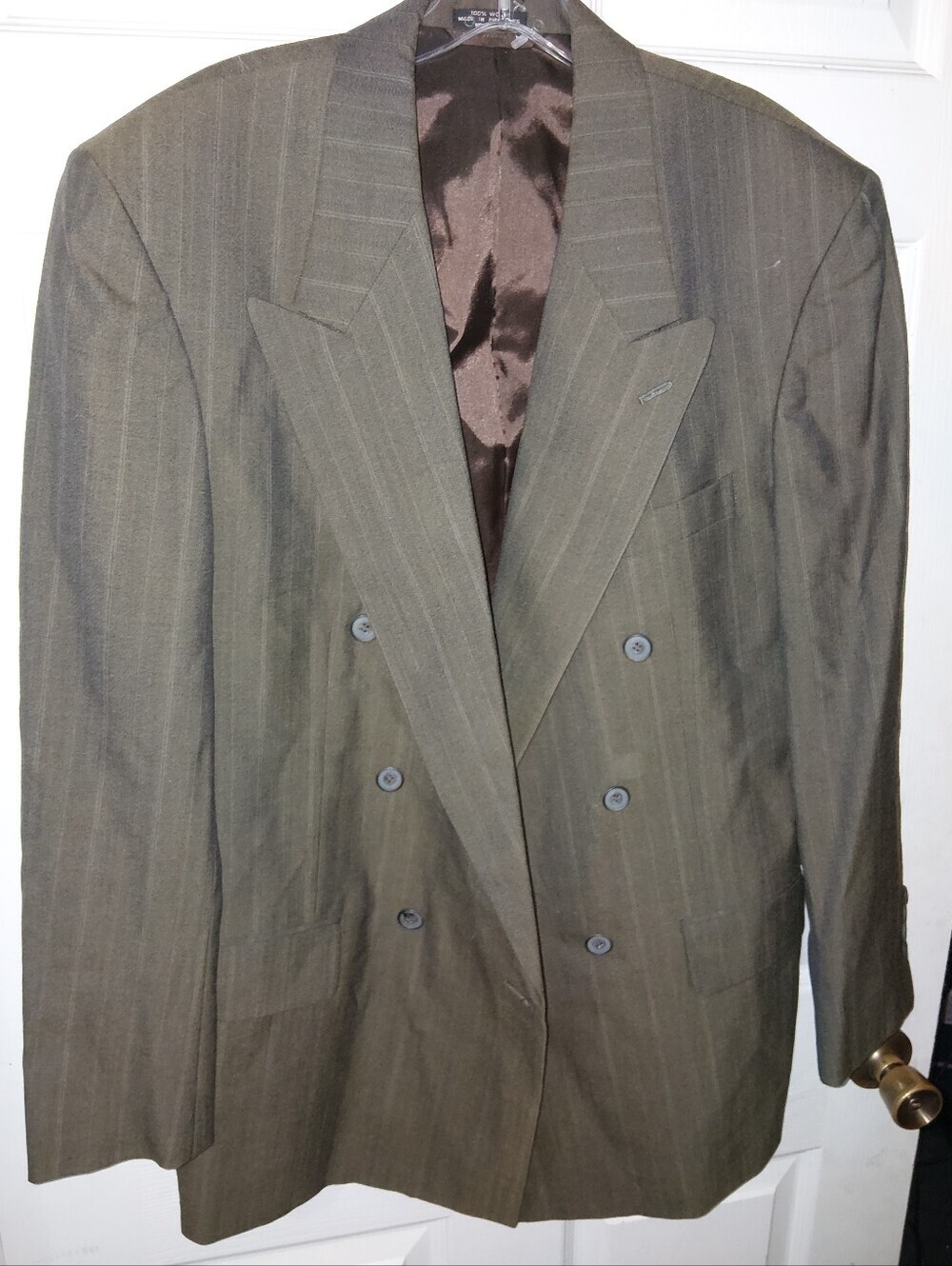 Men's Double-Breasted Olive Pinstripe Suit Blazer
